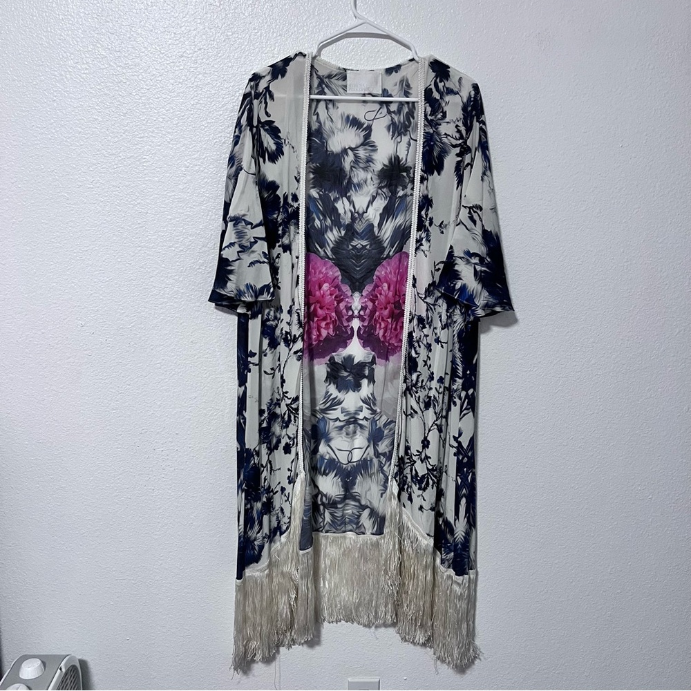ATHENA PROCOPIOU Floral Blue Cream White Silk Kimono Size M / L